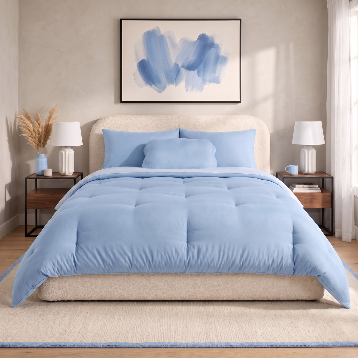 Baby Blue mallowdown cloud comforter on a made bed
