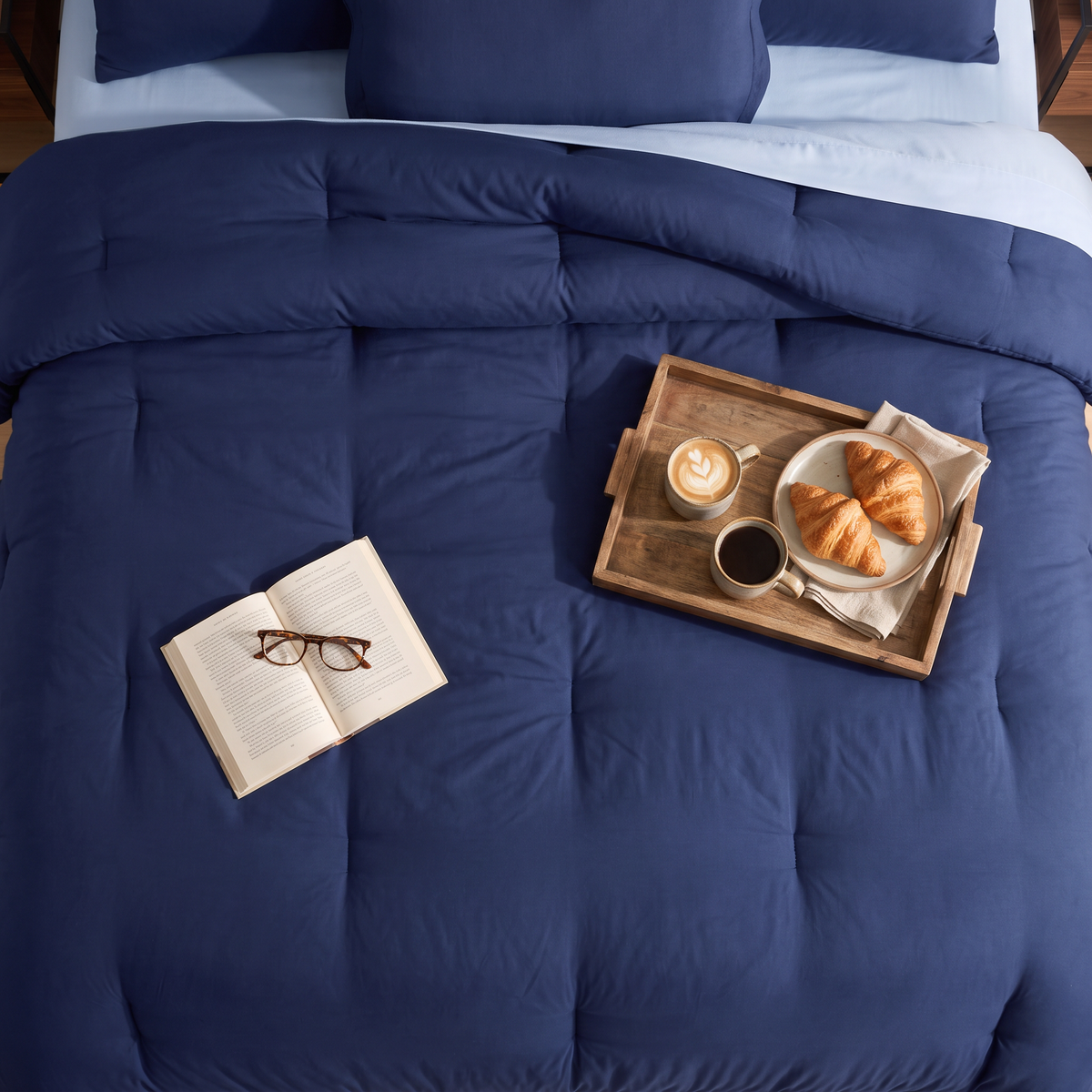 Breakfast tray on the navy comforter