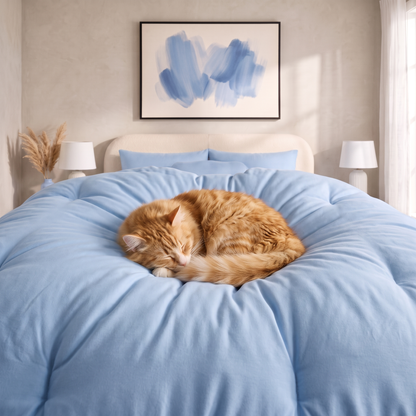 Cat asleep on the baby blue comforter