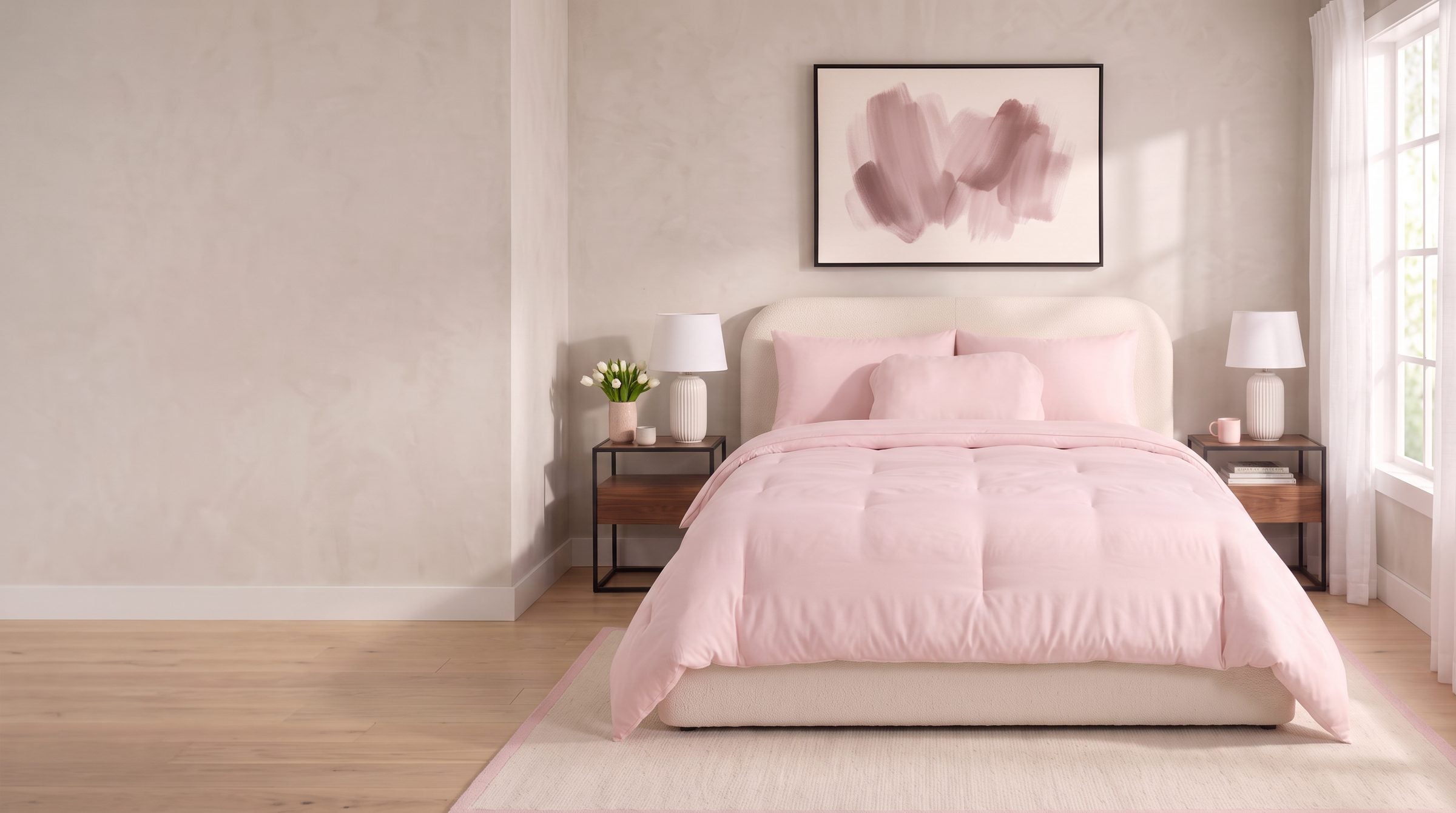 Light pink mallowdown cloud comforter on a bed in a bright bedroom
